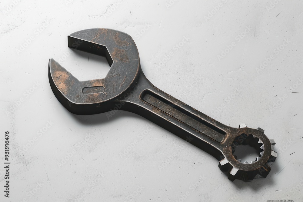 Poster a vintage wrench with noticeable wear sits on a plain surface, showcasing its aged texture and desig