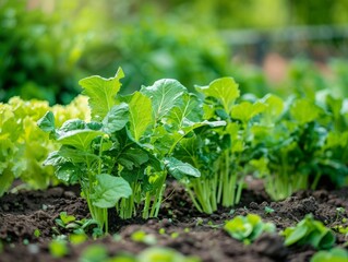 Obraz premium Close-up of fresh green lettuce and chard plants growing in rich, fertile soil in a home garden, surrounded by lush greenery.