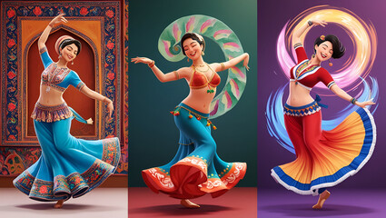 1. Three women in vibrant costumes dance joyfully, showcasing diverse styles and expressions in a lively celebration of movement.
