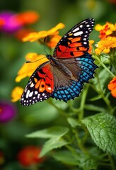 Obraz premium vibrant butterfly resting colorful flower blooms lush garden setting bright petals leafy background, pollination, nature, insects, flora, wings, spring