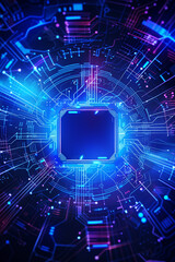 Obraz premium Futuristic glowing tech circuitry arranged around central microchip, close-up, high-tech concept