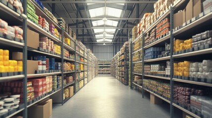 A vast warehouse aisle featuring numerous shelving units filled with bulk inventory items