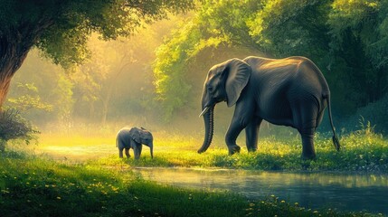 Naklejka premium Mother elephant with her baby walking in a lush meadow near water, surrounded by a tranquil atmosphere.