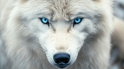 Obraz premium Majestic portrait of a white wolf with piercing blue eyes, capturing the beauty and intensity of this wild animal.