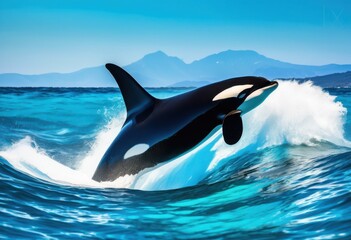 powerful orca fins cutting through vibrant ocean waves dynamic marine landscape, aquatic, wildlife, sea, water, swimming, animal, black, white, splash