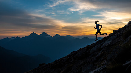 The runner's silhouette appeared against the sunrise as they trained for the challenge, running the mountain trail to the summit, embracing the panoramic view. trail, runner, silhouette, training
