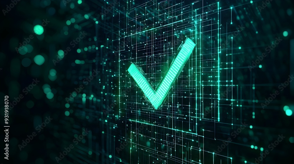 Poster glowing digital checkmark icon on dark screen representing modern tech approval