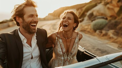 A close-up shot of the couple holding hands and laughing joyfully while cruising along a scenic coastal road in their convertible.