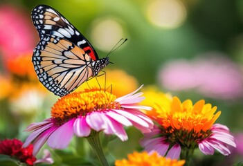 Obraz premium colorful butterfly perched gracefully vibrant flower blooms lush garden setting, insect, pollinator, nature, wings, purple, yellow, blue, red, orange, pink