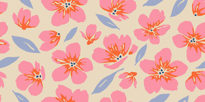 Exotic hand drawn flowers, seamless patterns with floral for fabric, textiles, clothing, wrapping paper, cover, banner, home decor, abstract backgrounds. Vector illustration.