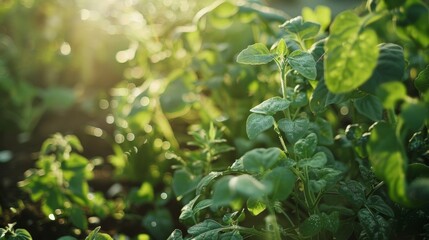 Fototapeta premium Close-up of green leaves covered in morning dew, bathed in warm sunlight in a lush garden setting