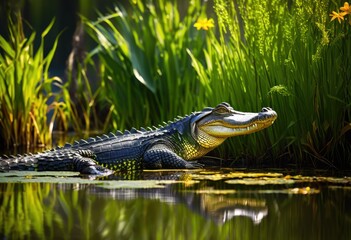 Obraz premium vibrant alligator habitat featuring lush green wetlands bright colors rich flora, fauna, greenery, nature, ecosystem, wildlife, marsh, swamp, water