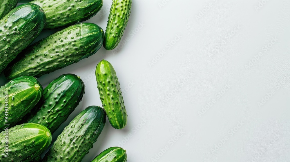 Sticker fresh green cucumbers in a pyramid arrangement on a white background with copy space