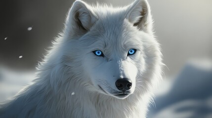 Naklejka premium Stunning white wolf with blue eyes in a digital painting, capturing the wild elegance and mystique of this creature.