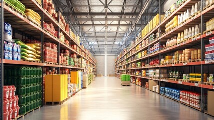 A large warehouse has a spacious aisle filled with packed boxes and various products