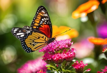 Obraz premium vibrant butterfly hovering over colorful flower blossoms lush garden setting, colors, wings, pollinator, petals, bloom, insect, flora, beauty, wildlife