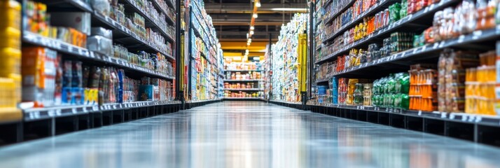 Fototapeta premium A large warehouse has a spacious aisle filled with packed boxes and various products