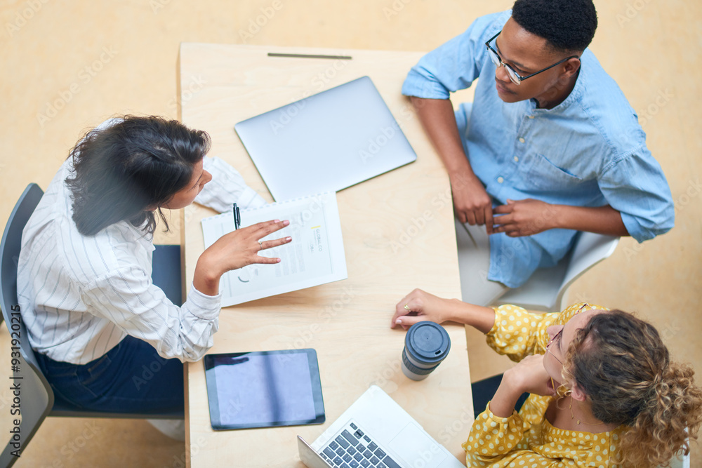 Poster Document, meeting and business people with manager in office for performance review on probation. Discussion, paperwork and mentor with public relations team for project feedback from above.