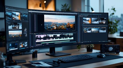 semi close-up of a video editor's desk with high-resolution stock footage on a computer screen, various clips displayed, professional editing software interface, warm lighting creating a focused