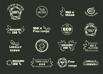 Eco organic icon symbol set. Editable stroke. Vector stock illustration isolated on black background for packaging design in beverages and food or vegetables.