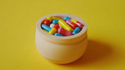 Colorful capsules in a wooden bowl on a bright yellow surface