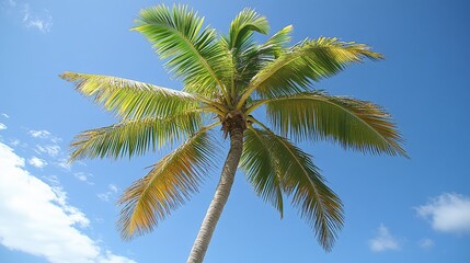 Fototapeta premium LowAngle View of a Palm Tree Reaching for the Blue Sky with White Clouds and Green Fronds