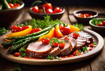 savor colorful pork dish accompanied fresh vibrant medley seasonal vegetables wholesome dining experience, flavor, cuisine, ingredients, cooking, gourmet