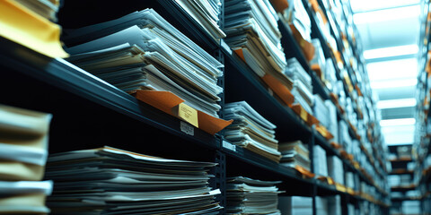 Document Archiving background wallpaper. Efficient Storage Systems, shelves with rows of stacks of paper sheets documents.