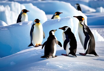 Obraz premium charming penguins displaying playful antics expansive icy landscapes surrounded glimmering snow crystal clear ice formations, adorable, arctic, aquatic