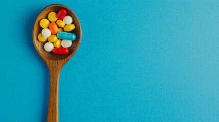 A wooden spoon full of pills and medicine capsules on a blue background