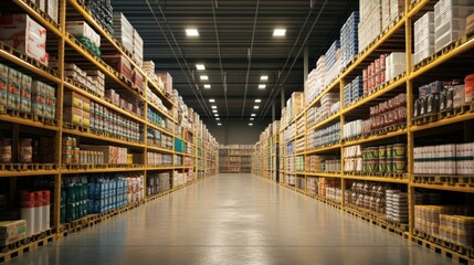 A large warehouse has a spacious aisle filled with packed boxes and various products