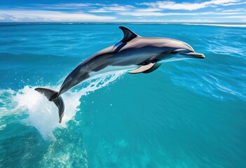 Naklejka premium dynamic dolphin jumps gracefully through serene ocean swells under bright blue sky, water, sea, marine, creature, playful, fluidity, waves, glide, splash