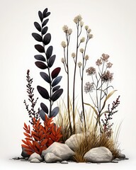 A collection of stylized plants with diverse textures and colors, perfectly arranged on a neutral background.