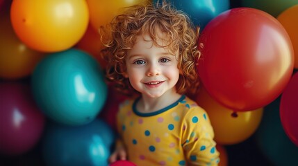 Obraz premium Child stands with balloons in hand and smiling, holiday, fun, elebration