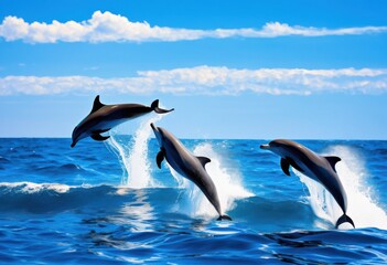 Fototapeta premium dynamic dolphin silhouettes dancing vibrant ocean waves under bright sky, blue, water, sea, marine, beach, coast, light, shadow, nature, scenery, landscape