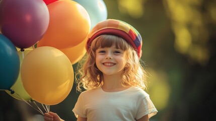 Obraz premium Child stands with balloons in hand and smiling, holiday, fun, elebration