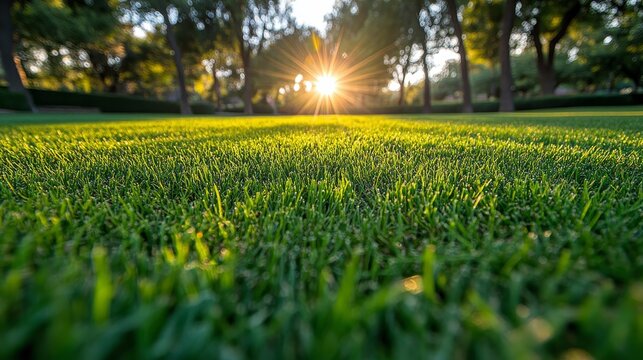 Sunbeams Through Grass Low Angle Perspective Sun Flare Lush Green Blades Tranquility