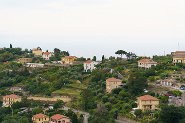 Obraz premium A Verdant Hillside Village Nestled Among Lush Greenery Under a Misty Morning Sky