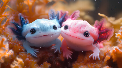 detailed illustration print of two cute colorful happy baby axolotls nature background
