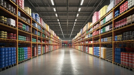 Fototapeta premium A large warehouse has a spacious aisle filled with packed boxes and various products