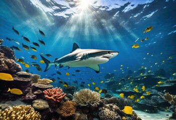 breathtaking underwater scene featuring shark surrounded vibrant ocean hues colorful marine life, aquatic, colors, blue, fish, coral, sea, tropical, wildlife