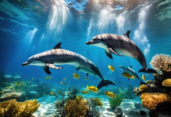 Fototapeta premium underwater scene featuring dolphins playfully interacting lush aquatic vegetation vibrant marine environment, interaction, flora, fish, sea, blue, coral, ocean