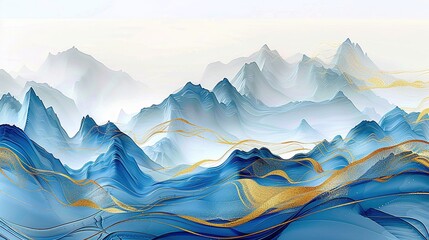Majestic Blue and Gold Mountain Landscape in Chinese Art Style: Exquisite High-Definition Wallpaper Featuring Majestic Peaks, Blue Marble Texture, and Golden Flowing Water on a White Sky Background