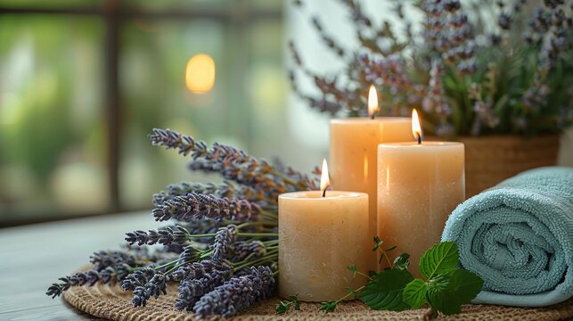 A serene home spa setup with aromatherapy candles, fresh herbs, and a soft-focus background, creating a relaxing and peaceful atmosphere