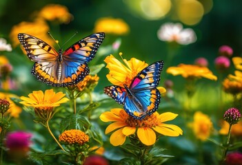 Obraz premium vibrant butterflies dancing among spectrum colorful flowers lush natural surroundings, butterfly, nature, garden, bloom, blooms, petal, petals, insect