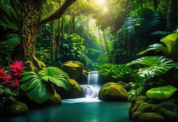 lush vibrant jungle landscape featuring unique animal shapes colorful natural habitat, scenery, animals, nature, foliage, plants, colors, wildlife, tropical