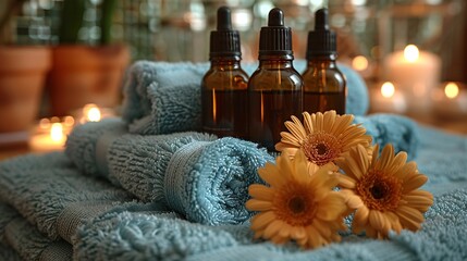 A tranquil home spa setting with essential oils, fresh flowers, and a soft-focus background, promoting relaxation and natural wellness