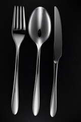 Studio shot of polished silverware on black matte background.