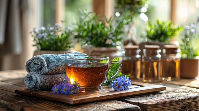 An inviting home spa setup with essential oils, herbal tea, and fresh flowers, creating a serene environment for self-care and relaxation