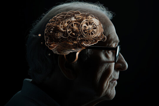 Elderly Mind Gears Wisdom Clockwork Brain Cognition Portrait